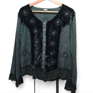 Velvet Embroidered Button-Up Top